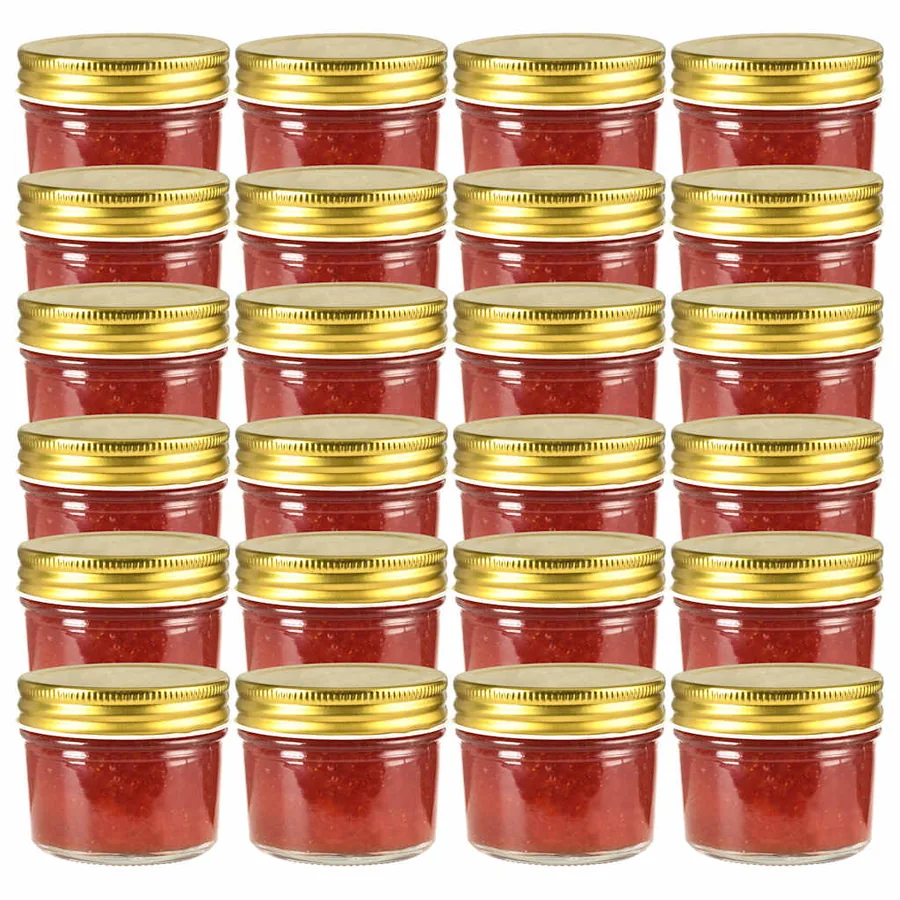 24 pcs Pots à confiture avec couvercles dorés Verre 110 ml