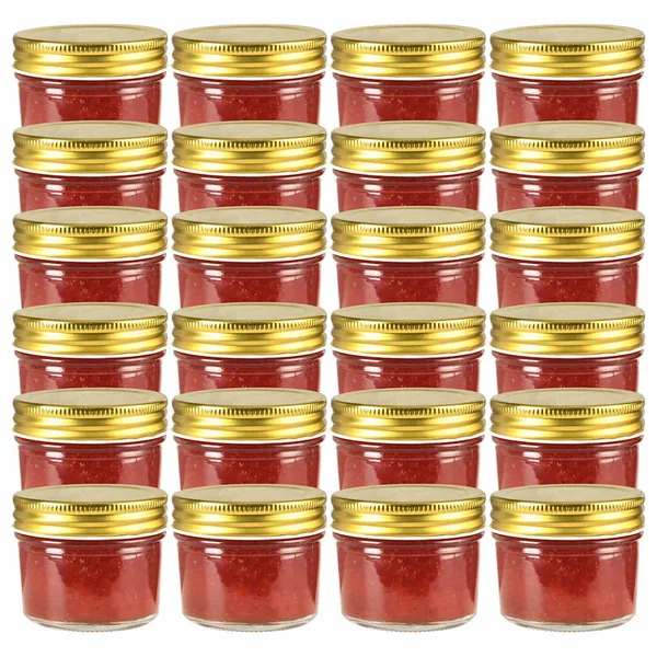 24 pcs Pots à confiture avec couvercles dorés Verre 110 ml