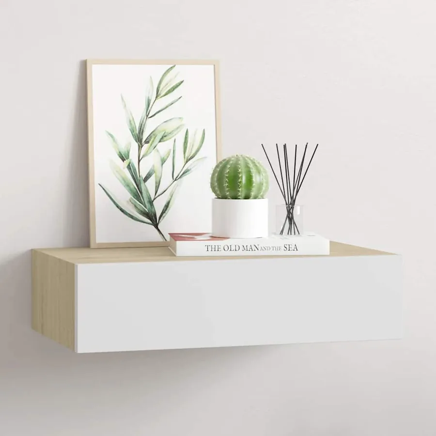 Étagère murale à tiroirs en chêne et blanc 40 x 23,5 x 10 cm MDF