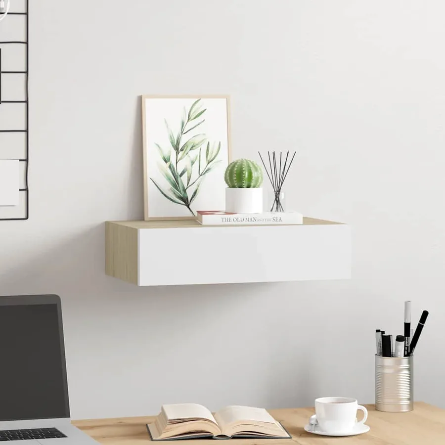 Étagère murale à tiroirs en chêne et blanc 40 x 23,5 x 10 cm MDF - 3
