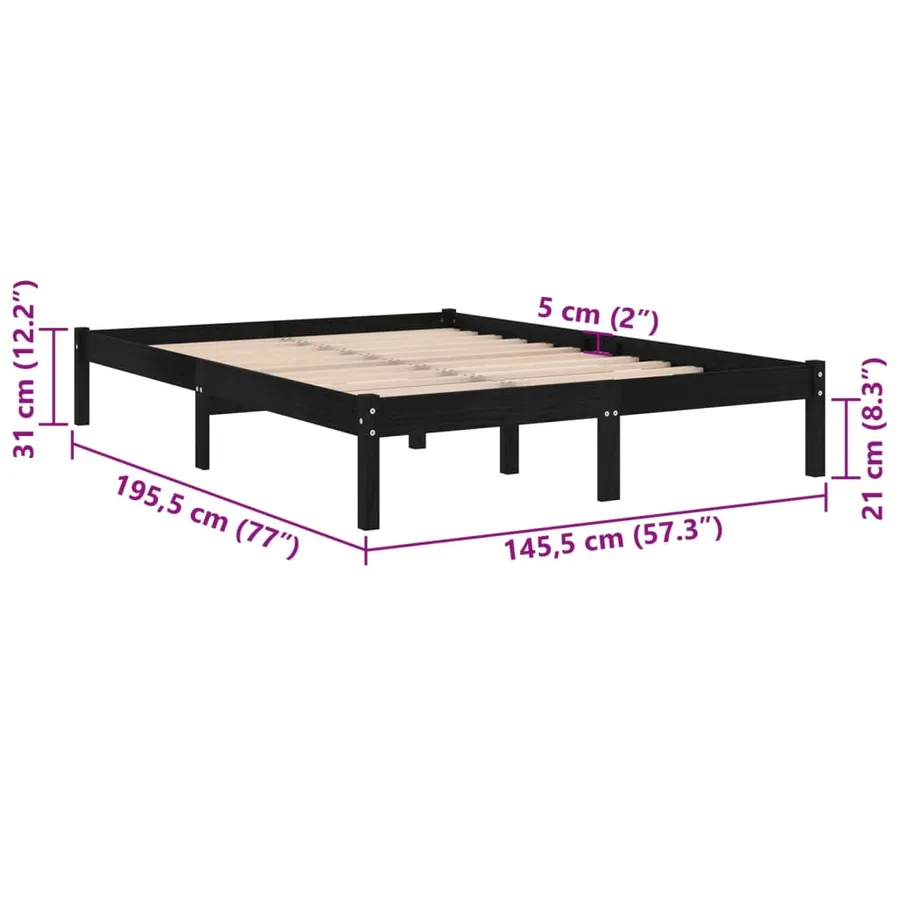 Cadre de lit sans matelas noir bois massif 140x190 cm - 8
