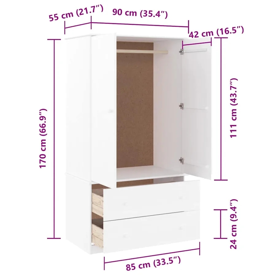Garde-robe ALTA blanc 90x55x170 cm bois massif de pin - 8