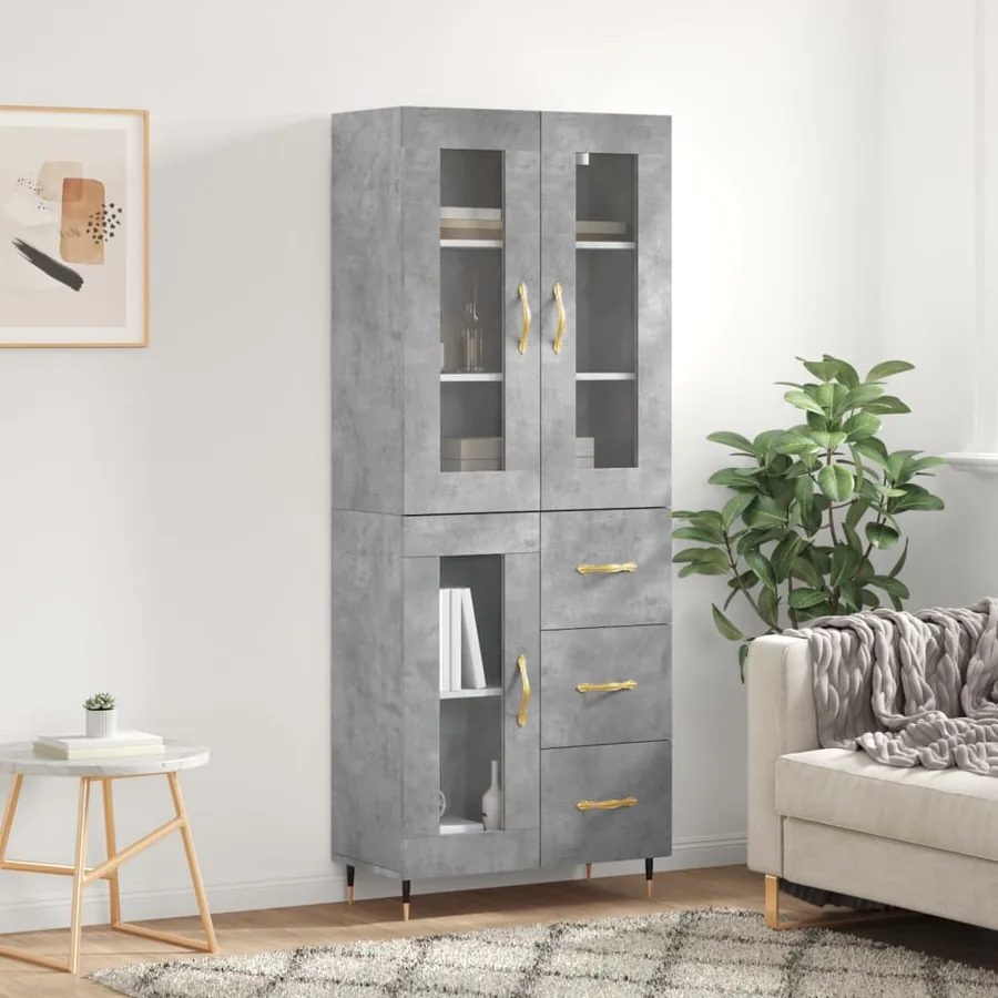 Buffet haut Gris béton 69,5x34x180 cm Bois d'ingénierie
