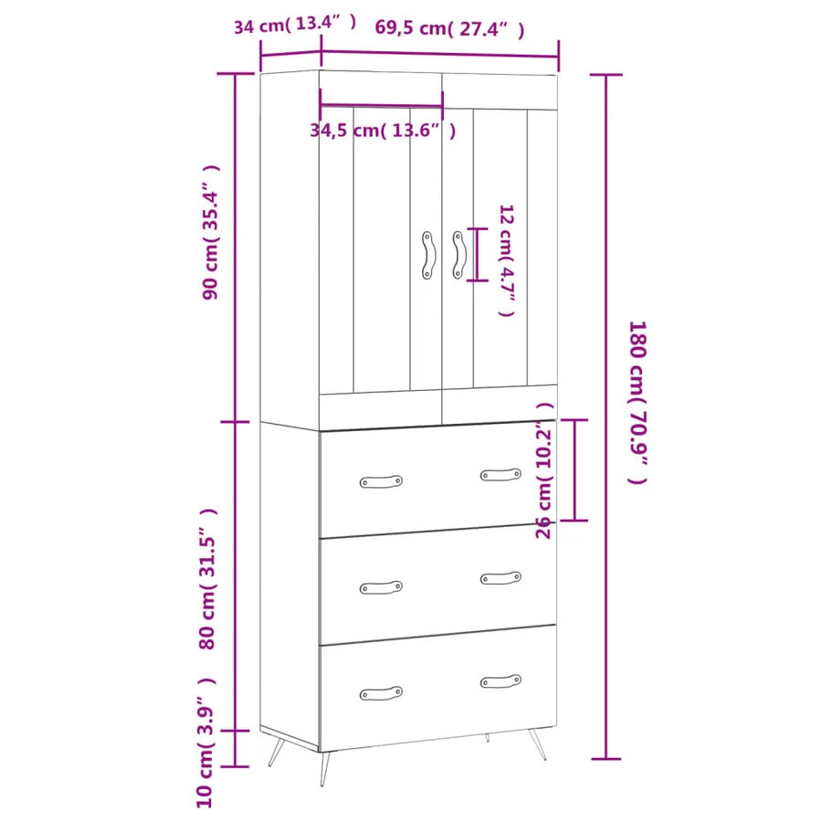 Buffet haut Chêne sonoma 69,5x34x180 cm Bois d'ingénierie - 14