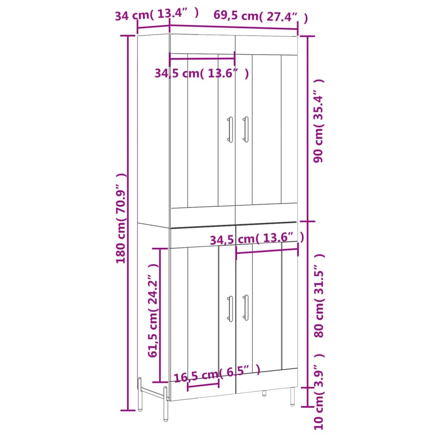 Buffet haut Gris béton 69,5x34x180 cm Bois d'ingénierie - 13
