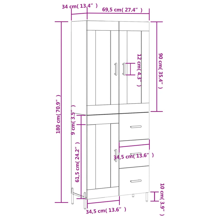 Buffet haut Sonoma gris 69,5x34x180 cm Bois d'ingénierie - 14