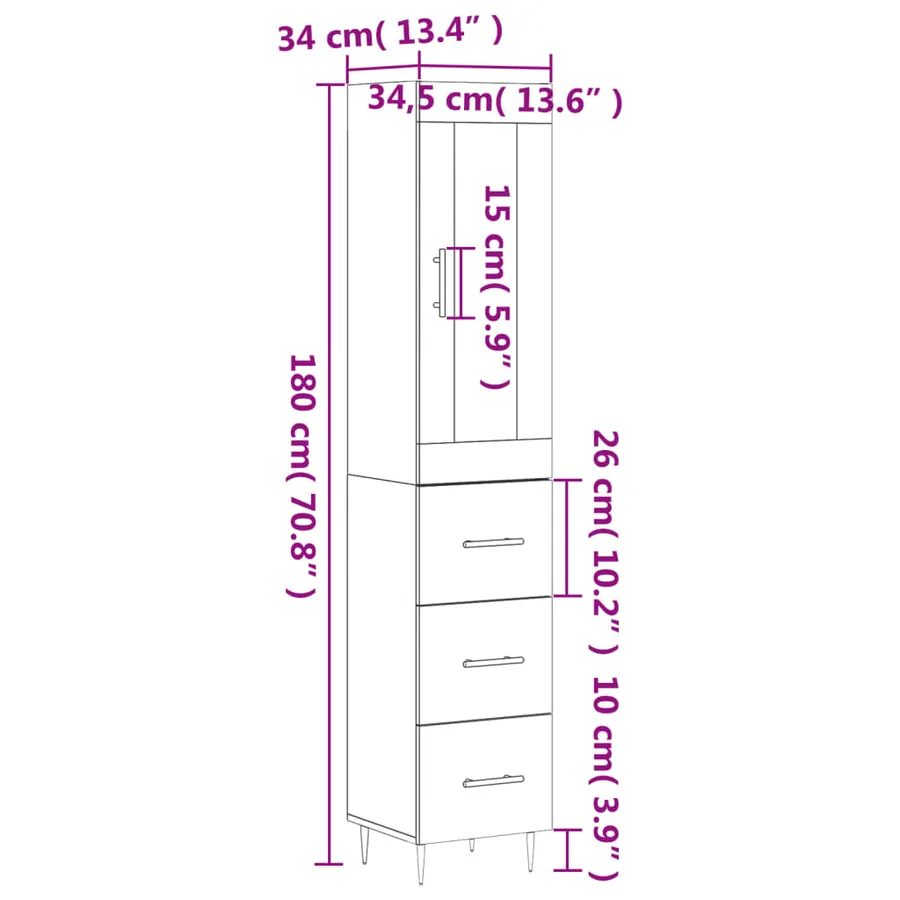 Buffet haut Gris béton 34,5x34x180 cm Bois d'ingénierie - 14