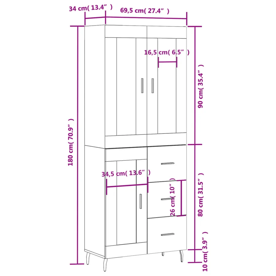 Buffet haut Sonoma gris 69,5x34x180 cm Bois d'ingénierie - 14