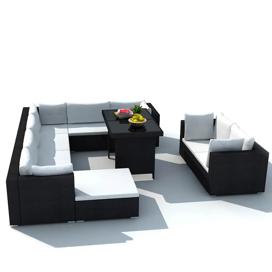 Salon de jardin 10 pcs avec coussins Résine tressée Noir - 3
