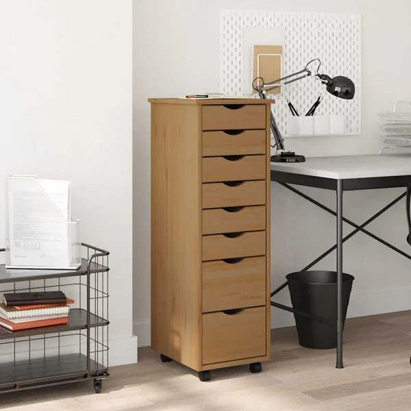 Armoire roulante avec tiroirs MOSS bois de pin marron miel