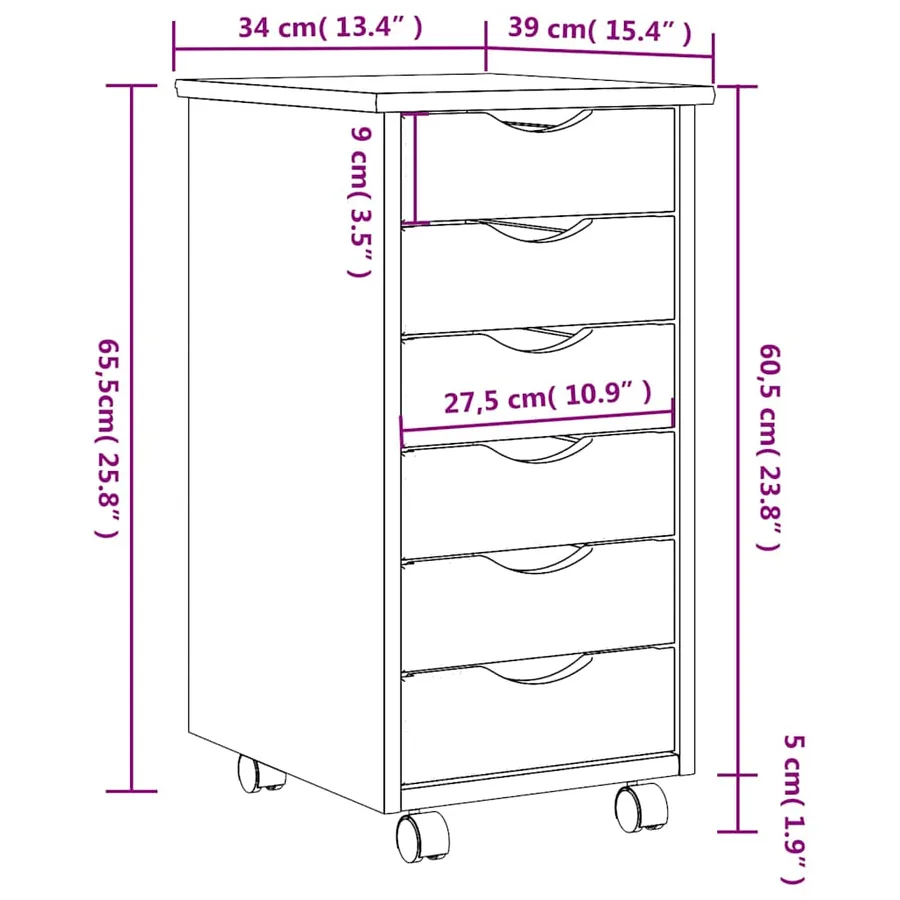 Armoire roulante avec tiroirs MOSS blanc bois de pin solide - 10