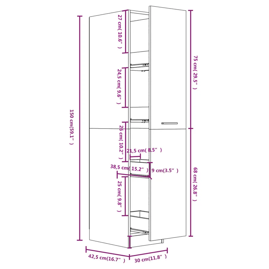 Armoire apothicaire Chêne fumé 30x42,5x150 cm Bois d'ingénierie - 8