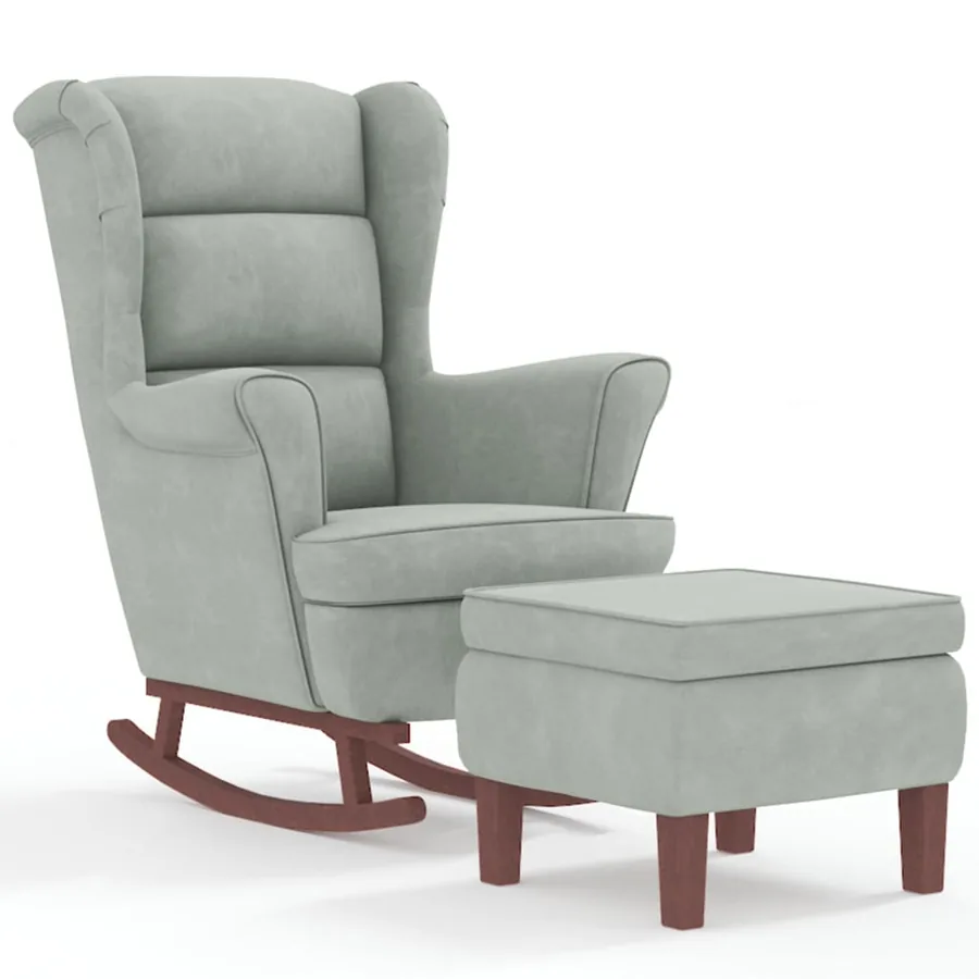 Fauteuil à bascule à oreilles en velours gris clair bois massif - 2