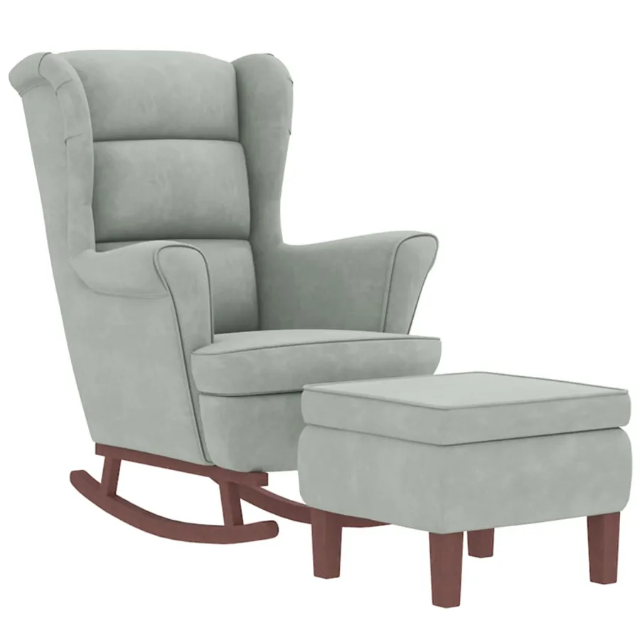 Fauteuil à bascule à oreilles en velours gris clair bois massif - 3