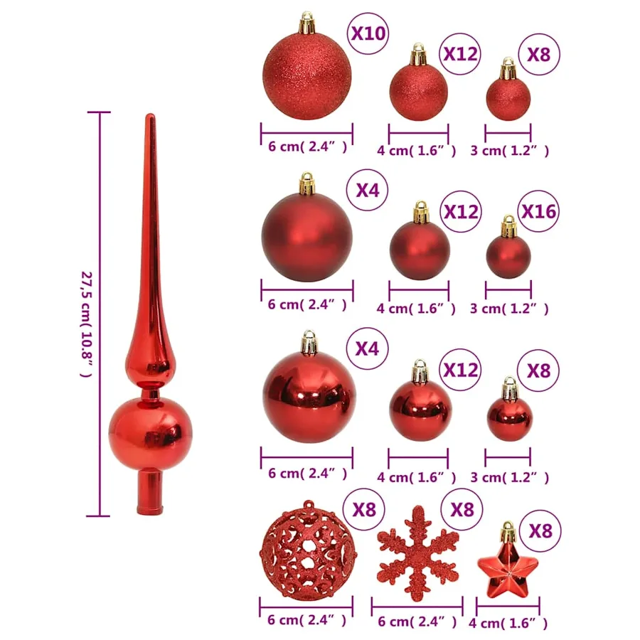 Ensemble de boules de Noël 111 pièces rouge polystyrène - 12