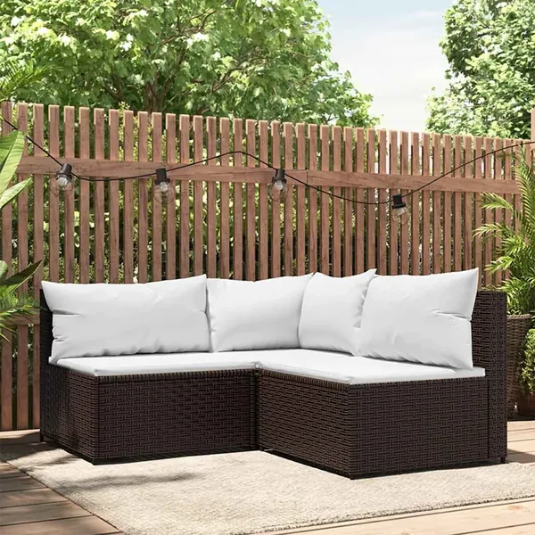 Salon de jardin 3 pcs avec coussins marron résine tressée