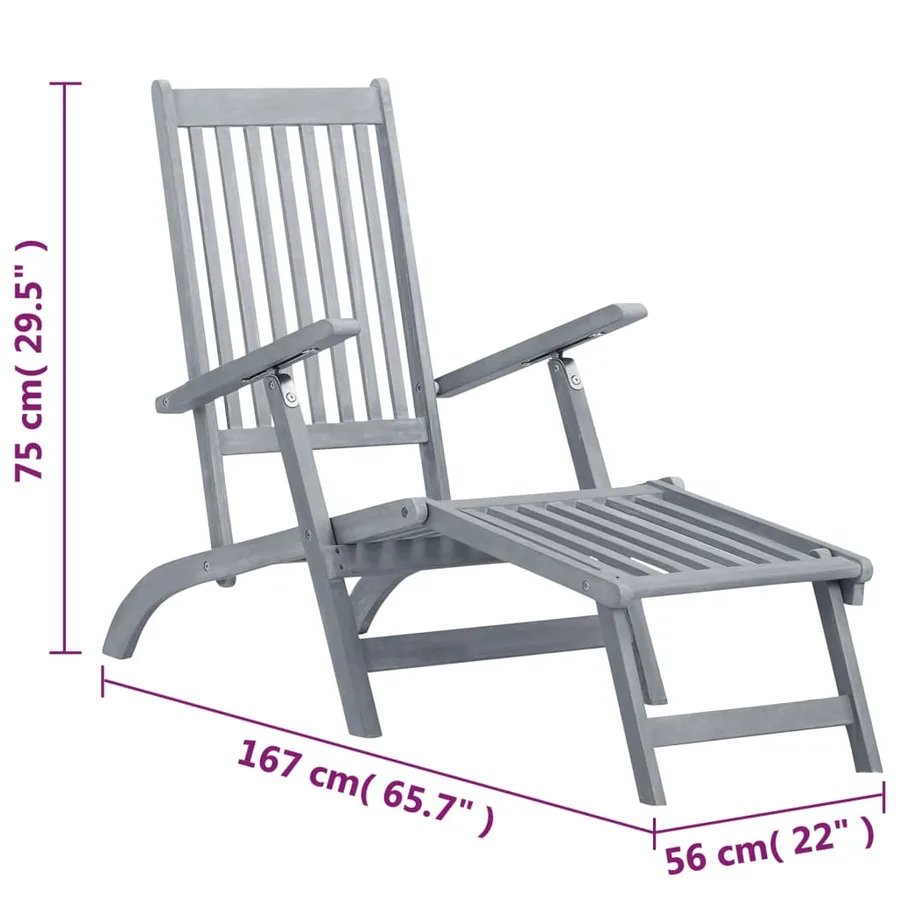 Chaise longue d'extérieur avec repose-pied Délavage gris Acacia - 8