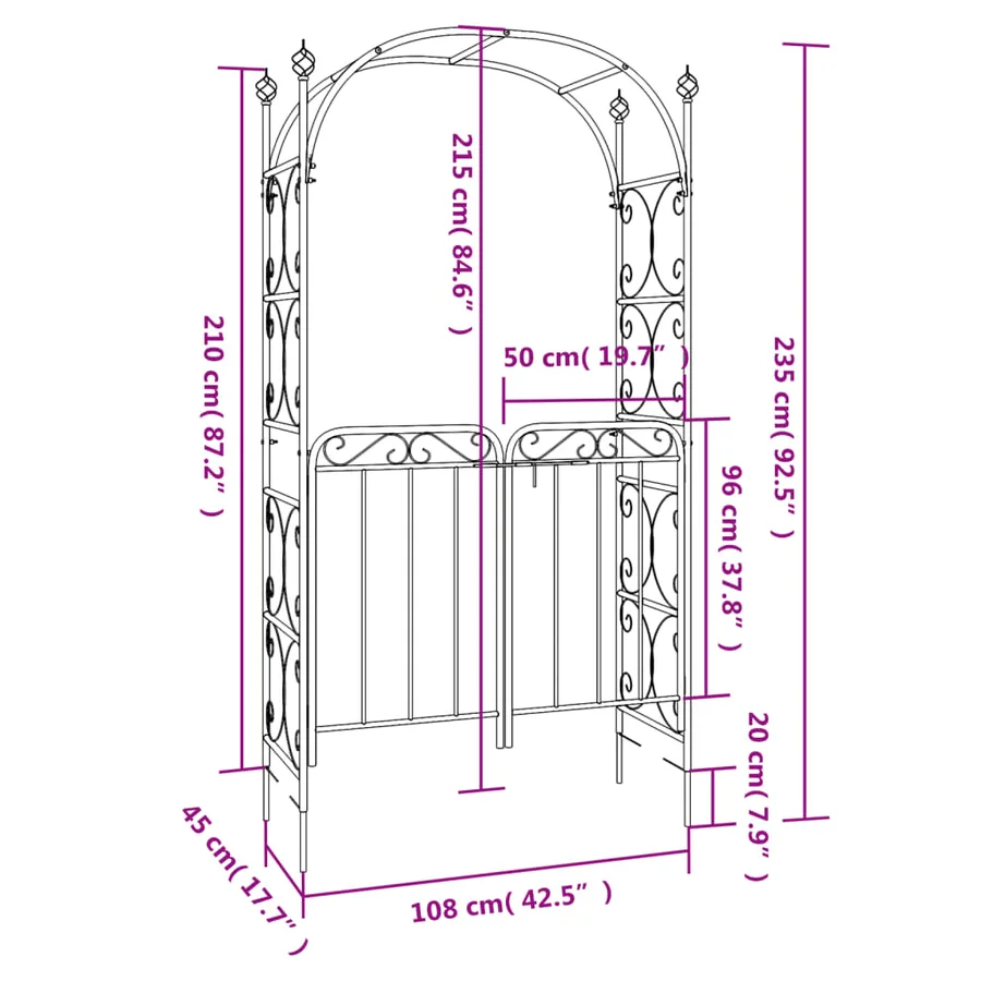 Arche de jardin avec portail noir 108x45x235 cm acier - 10