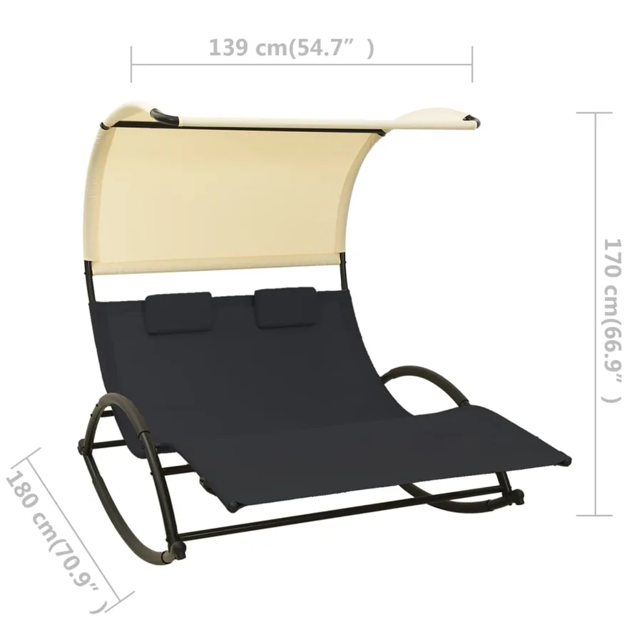 Chaise longue double avec auvent textilène noir - 14