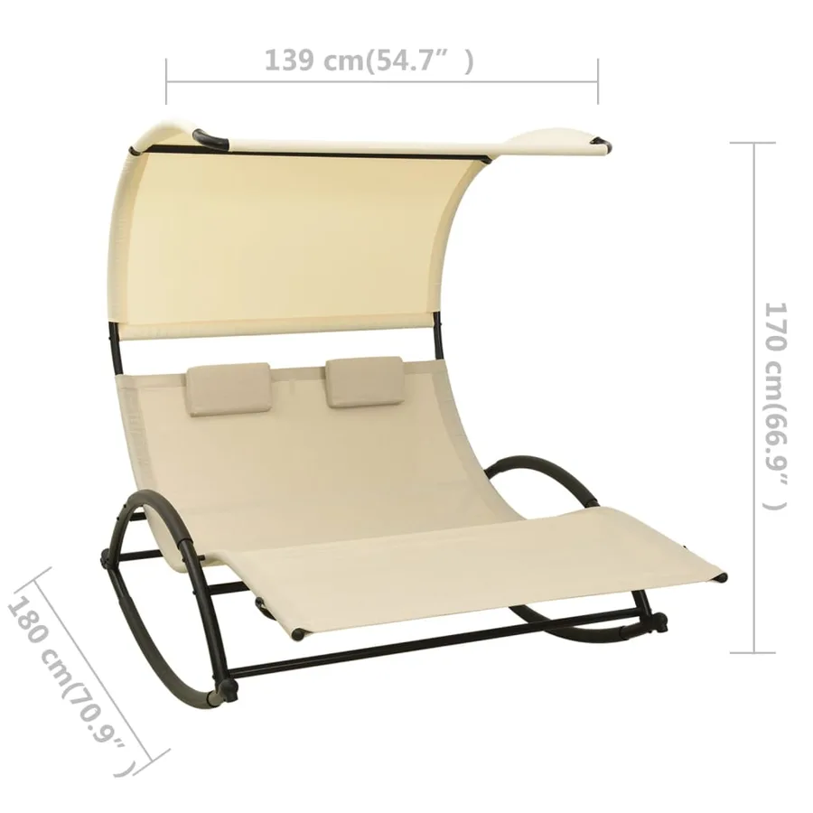 Chaise longue double avec auvent textilène noir - 28