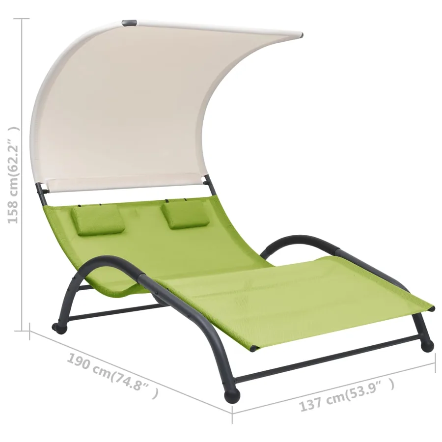 Chaise longue double avec auvent textilène noir - 42