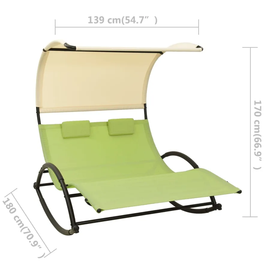 Chaise longue double avec auvent textilène noir - 49