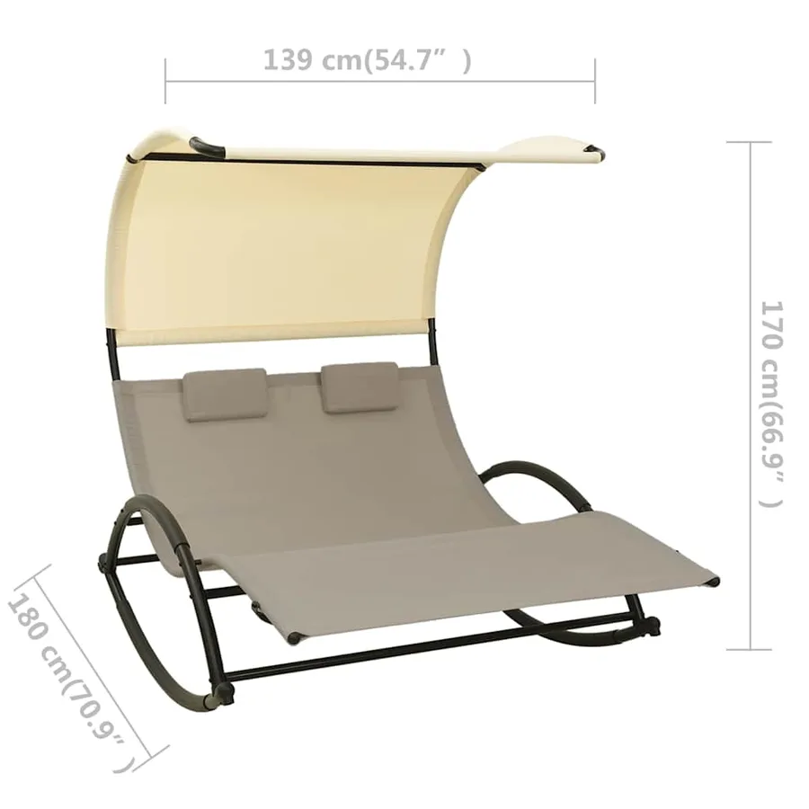 Chaise longue double avec auvent textilène noir - 56