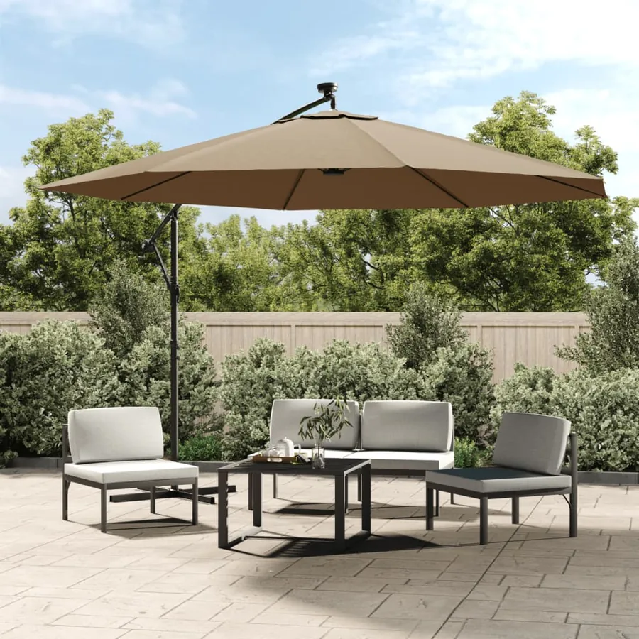 Parasol de jardin en porte-à-faux et lumières LED mât en métal