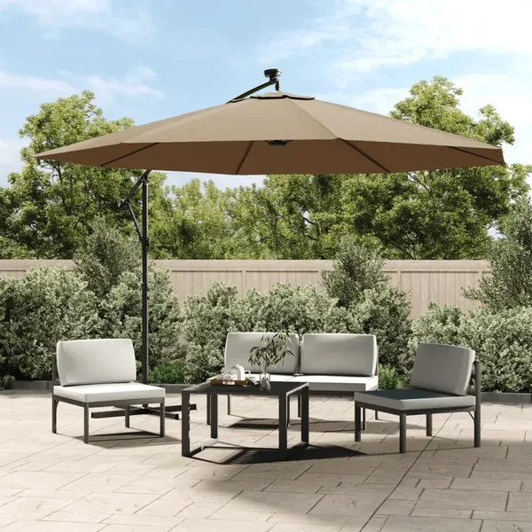 Parasol de jardin en porte-à-faux et lumières LED mât en métal