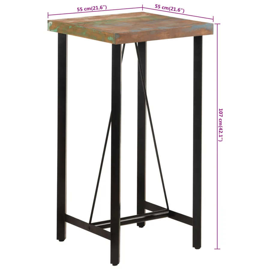 Table de bar 55x55x107 cm bois massif de récupération et fer - 8