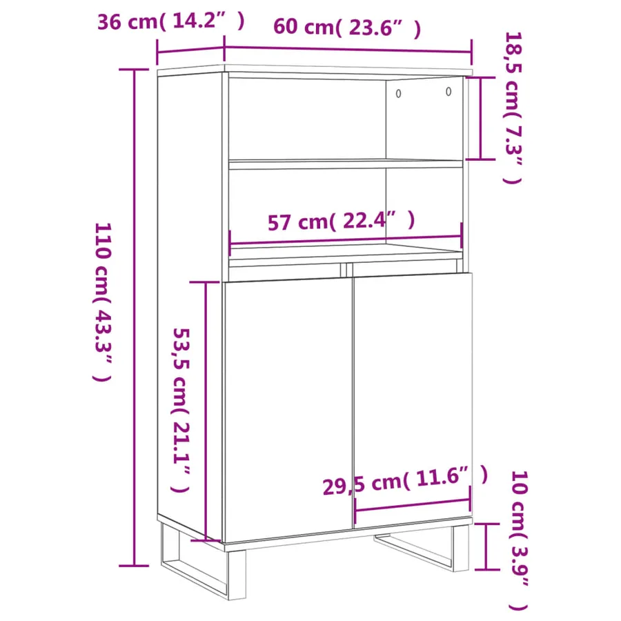 Buffet haut Gris béton 60x36x110 cm Bois d'ingénierie - 11