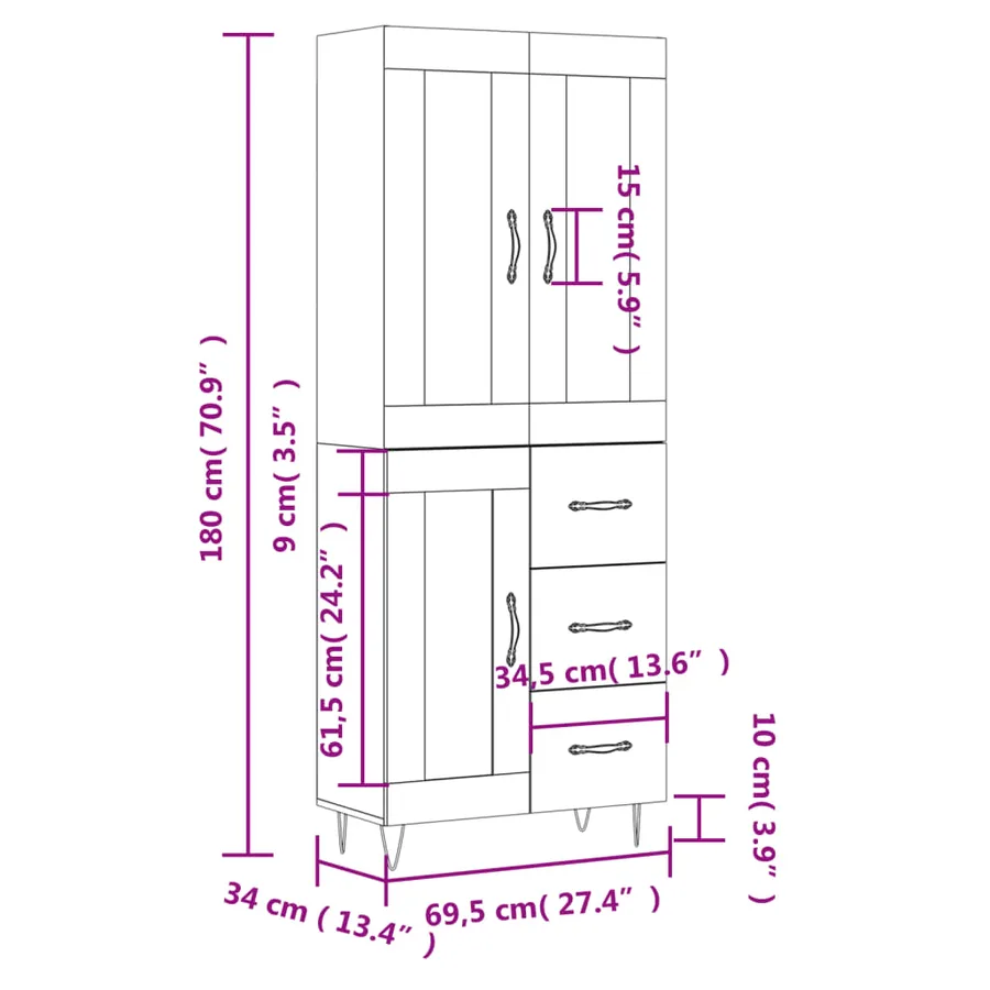 Buffet haut Gris béton 69,5x34x180 cm Bois d'ingénierie - 14