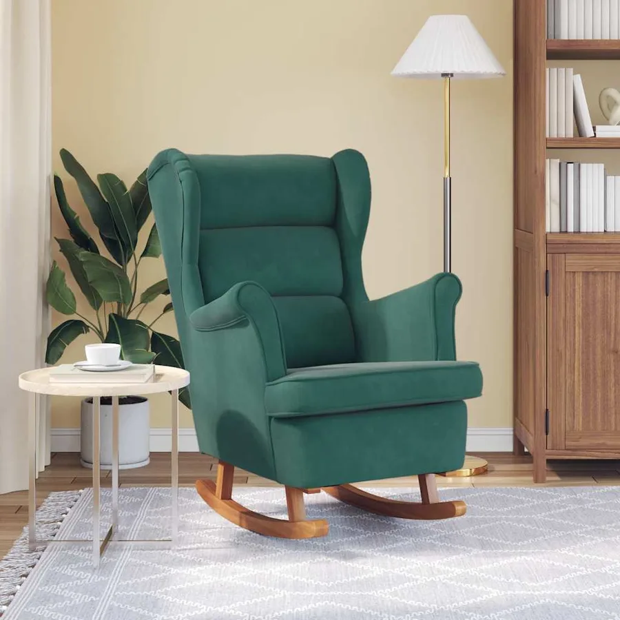 Fauteuil à bascule à oreilles en velours vert foncé bois massif - 3
