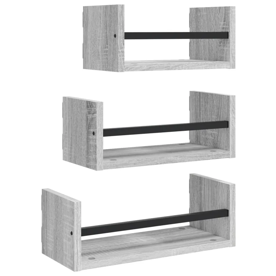 Ensemble d'étagères murales avec barres 3 pcs sonoma gris - 2