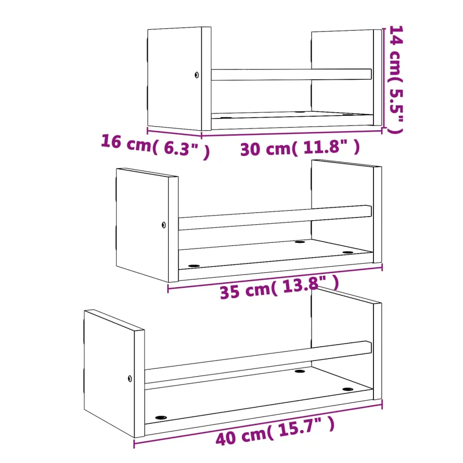 Ensemble d'étagères murales avec barres 3 pcs sonoma gris - 8