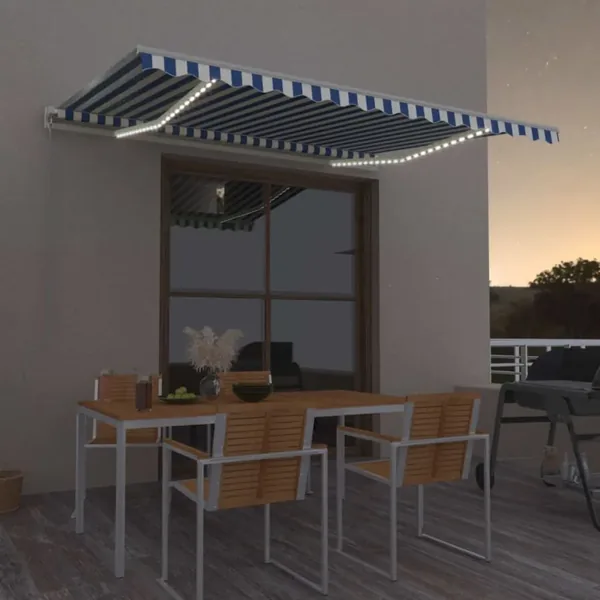 Auvent automatique capteur de vent/LED 450x300 cm Bleu et blanc
