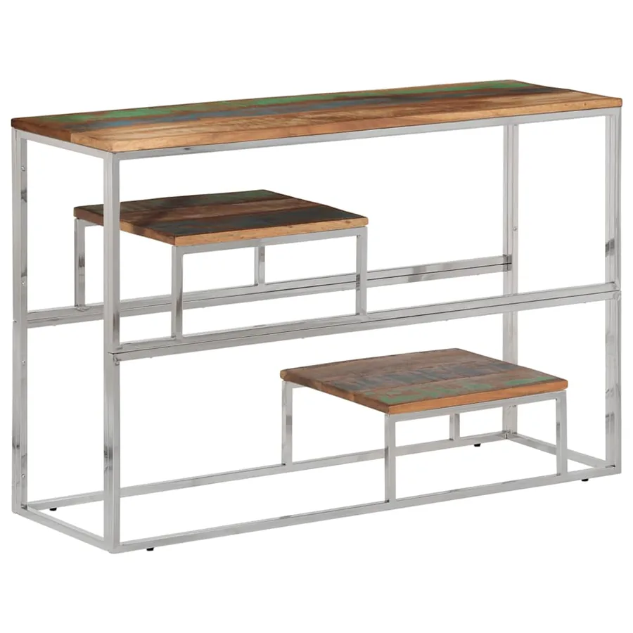 Table console argenté inox et bois de récupération massif - 2
