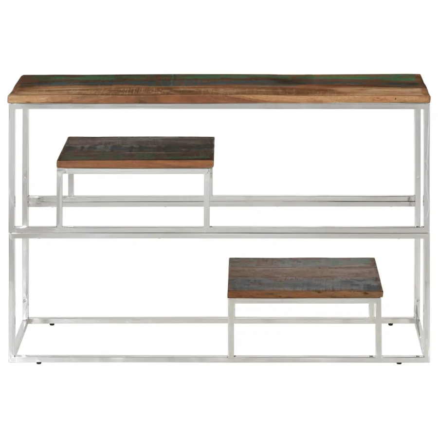 Table console argenté inox et bois de récupération massif - 3