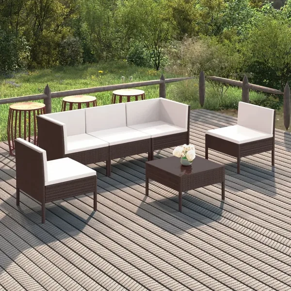 Salon de jardin 6 pcs avec coussins Résine tressée Marron