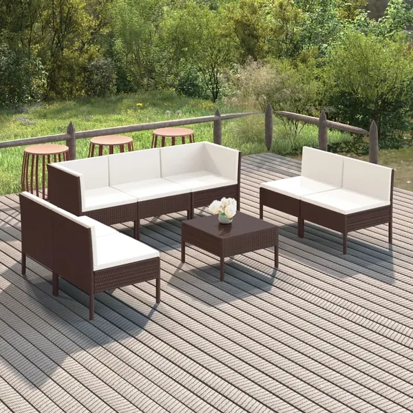 Salon de jardin 8 pcs avec coussins résine tressée marron