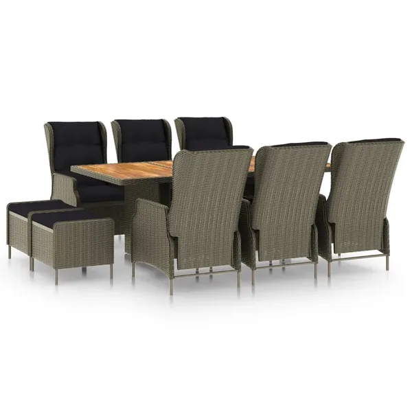 Ensemble à manger d'extérieur et coussins 9 pcs résine tressée