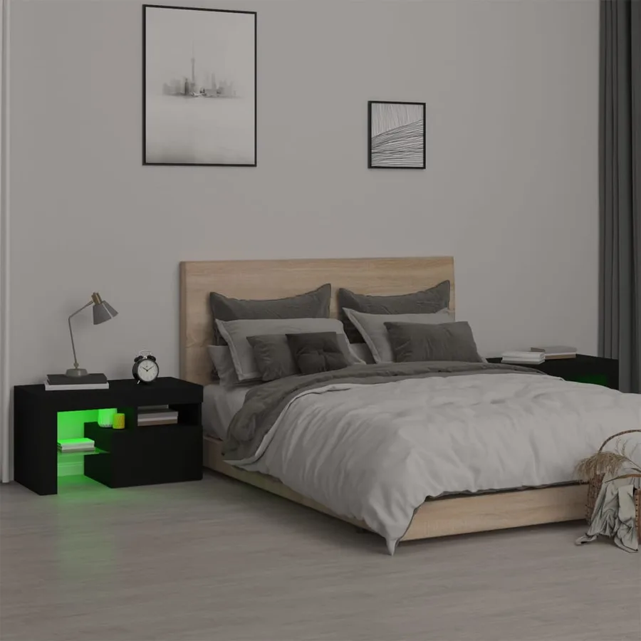 Tables de chevet 2 pcs et lumières LED Noir 70x36,5x40 cm - 5