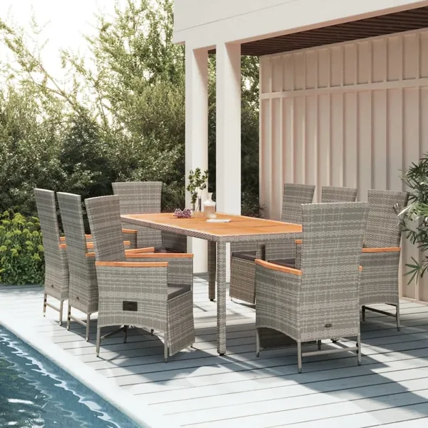 Ensemble à manger de jardin 9 pcs coussins gris résine tressée
