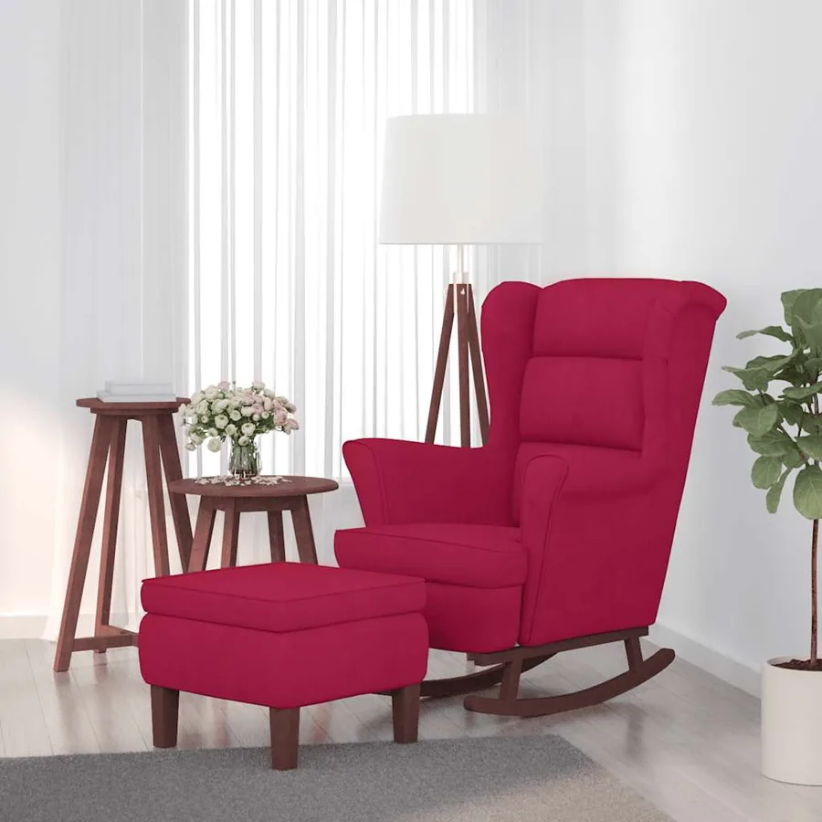 Fauteuil à bascule à oreilles en velours rouge vin bois massif