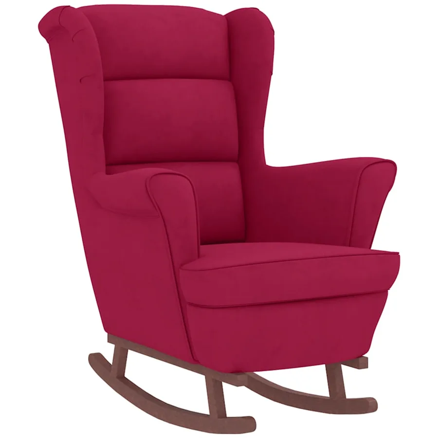 Fauteuil à bascule à oreilles en velours rouge vin bois massif - 3