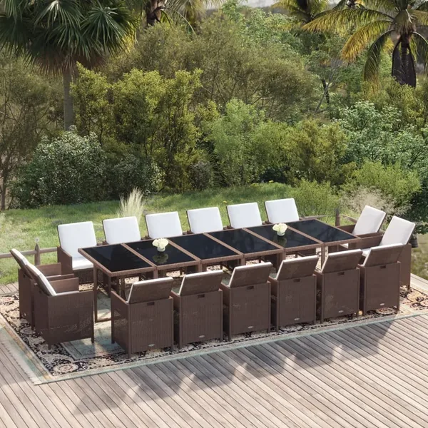 Ensemble à manger de jardin avec coussins 13 pcs Résine tressée