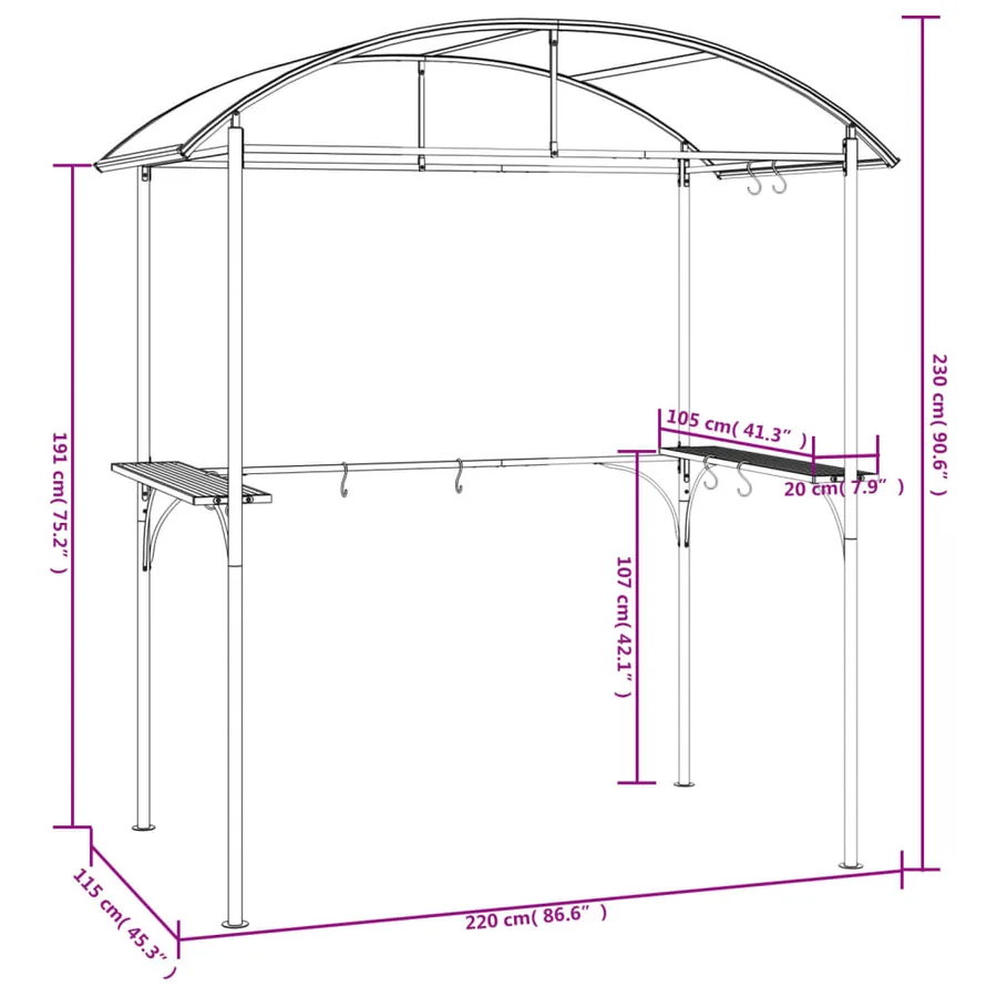 Gazebo BBQ et étagères latérales anthracite 220x115x230cm acier - 7