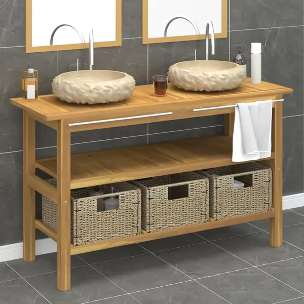 Armoire de salle de bain et lavabos en marbre crème Teck massif