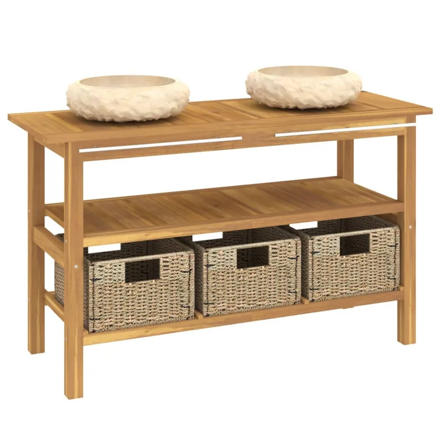 Armoire de salle de bain et lavabos en marbre crème Teck massif - 3