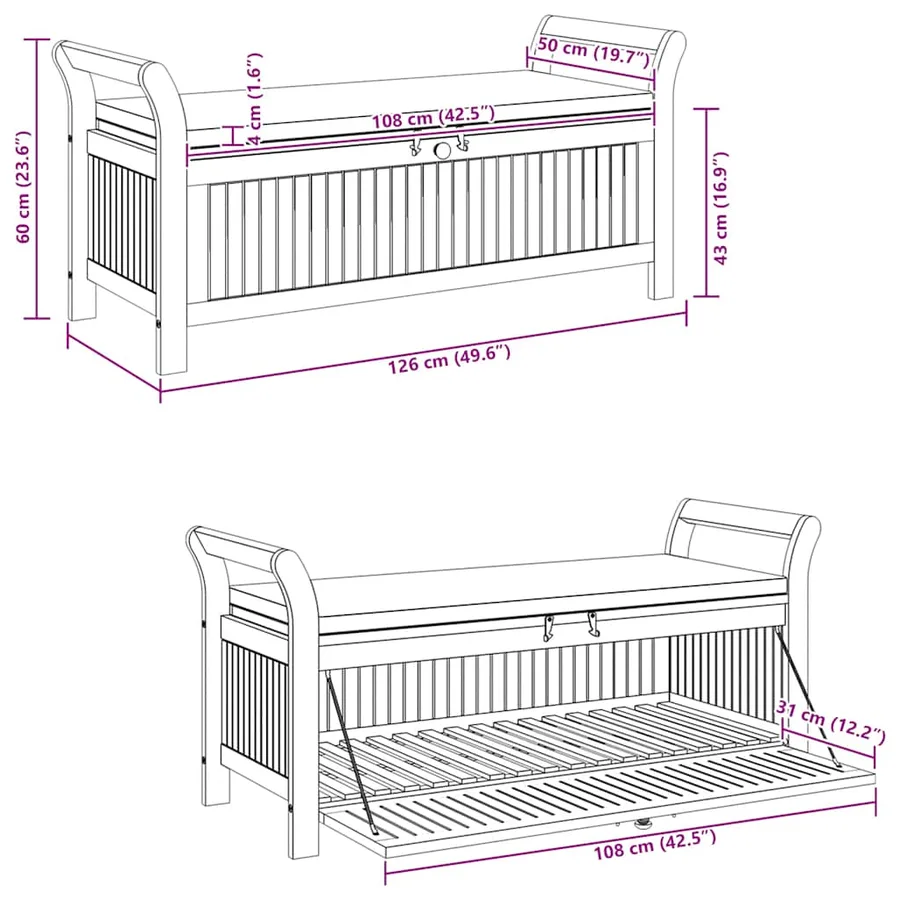 Banc de rangement de jardin avec coussin 126 cm Bois d'acacia - 13